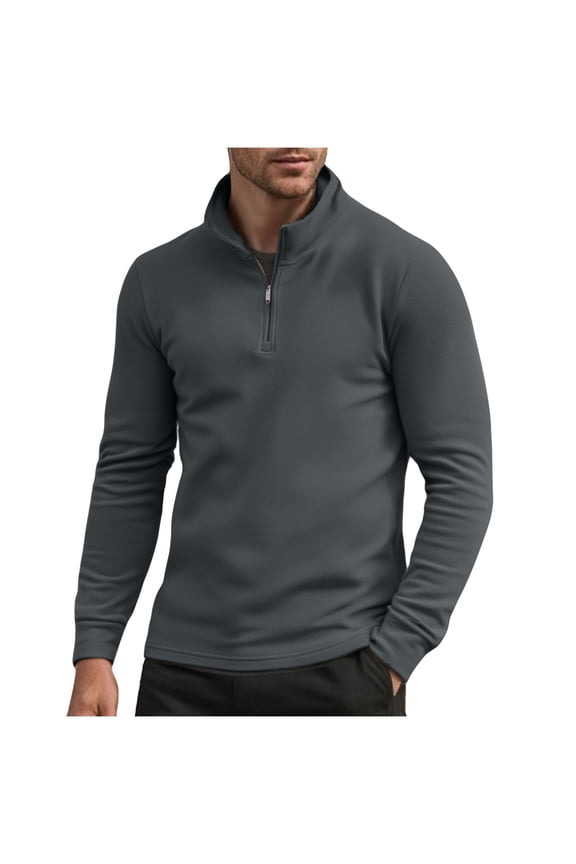 Quarter Zip Pullover Men Solid Color Golf Jacket Fleece Lined Long Sleeved Stand Up Collar Pullover Fall Bottom Sweatshirt Gray L