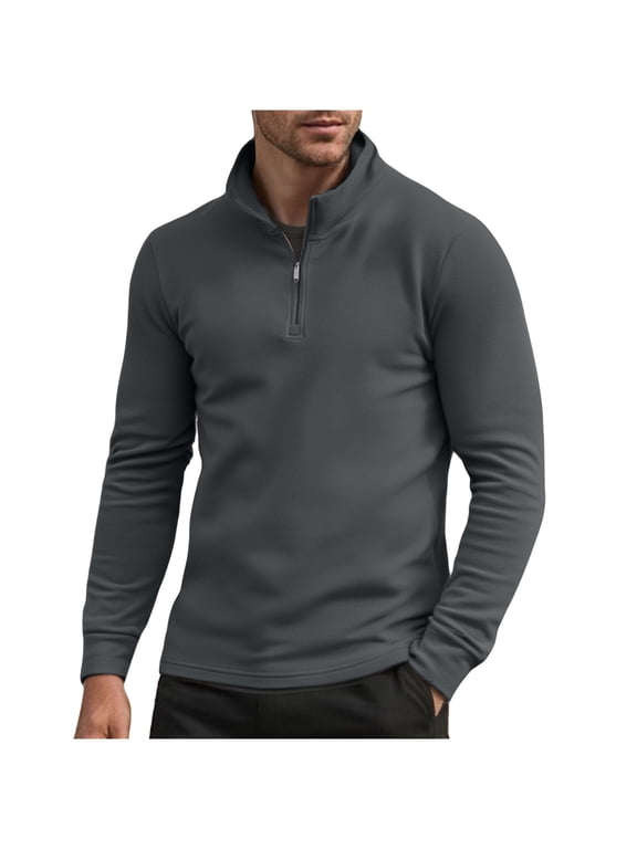 Quarter Zip Pullover Men Solid Color Golf Jacket Fleece Lined Long Sleeved Stand Up Collar Pullover Fall Bottom Sweatshirt Gray S