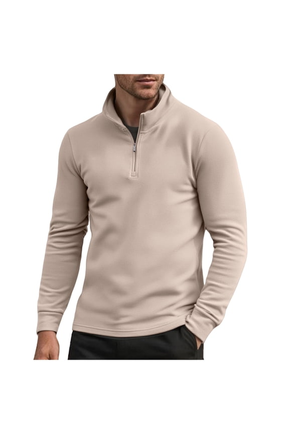 Quarter Zip Pullover Men Solid Color Golf Jacket Fleece Lined Long Sleeved Stand Up Collar Pullover Fall Bottom Sweatshirt Yellow M