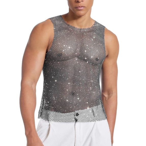 USNSM Rhinestones Rave Outfits, Sparkly Mesh Tank Tops, Men's Sheer Fishnet Shirt for Music Festival (XS-5XL) Plus Size Black XXXL