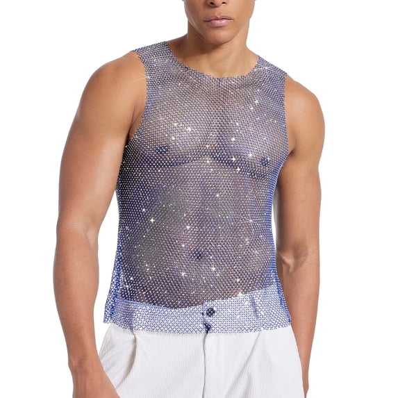 USNSM Rhinestones Rave Outfits, Sparkly Mesh Tank Tops, Men's Sheer Fishnet Shirt for Music Festival (XS-5XL) Plus Size Blue XXXXXL