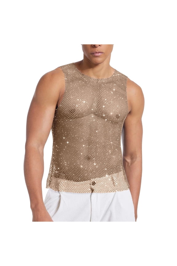 Rhinestones Rave Outfits, Sparkly Mesh Tank Tops, Men's Sheer Fishnet Shirt for Music Festival (XS-5XL) Plus Size Brown XXXL