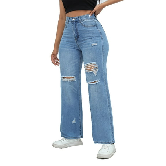 USNSM Ripped Wide Leg Jeans for Women Baggy Straight Trousers Trendy Stretchy Comfort Palazzo Denim Pants with Pockets Sky Blue M