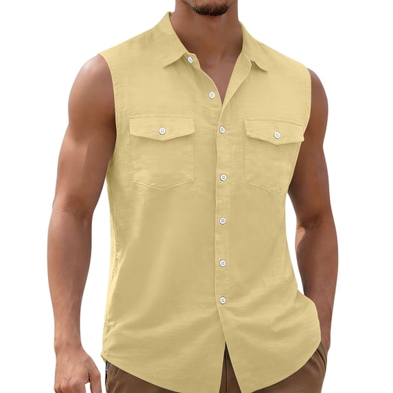 USNSM (S-5XL) Big and Tall Sleeveless Button Down Shirts for Men Summer Casual Beach Vacation Collared Tank Tops Basic Vest Shirts with Pockets Gold XXXXL