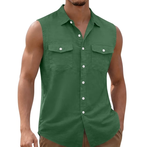 USNSM (S-5XL) Big and Tall Sleeveless Button Down Shirts for Men Summer Casual Beach Vacation Collared Tank Tops Basic Vest Shirts with Pockets Green M