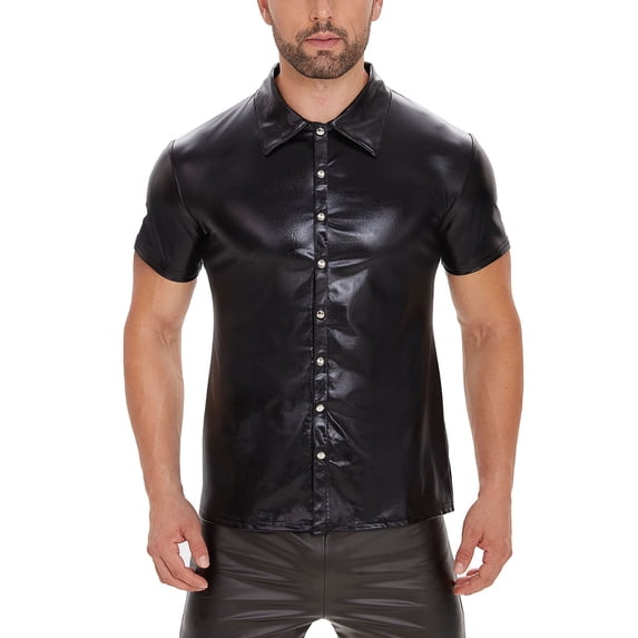 USNSM (S-5XL) Big and Tall Men Shiny Patent Leather Shirt Short Sleeve Summer Solid Color Lapel Top T-shirt Black M