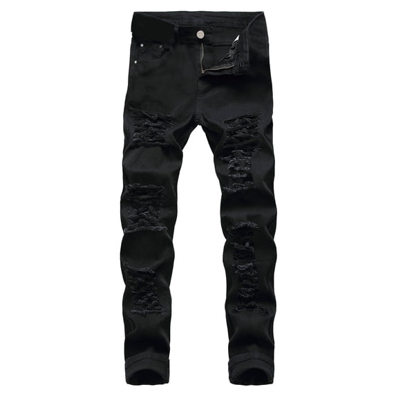 USNSM (S-5XL) Big and Tall Men's Casual Fashion Ripped Distressed Destroyed Straight Fit Washed Denim Jeans Full Length Pants Black XL