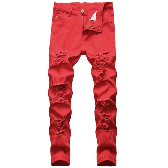 USNSM (S-5XL) Big and Tall Men's Casual Fashion Ripped Distressed Destroyed Straight Fit Washed Denim Jeans Full Length Pants Red XXXXXL