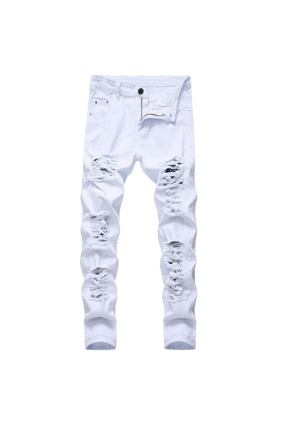 (S-5XL) Big and Tall Men's Casual Fashion Ripped Distressed Destroyed Straight Fit Washed Denim Jeans Full Length Pants White XXL