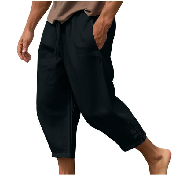 USNSM (S-5XL) Big and Tall Men's Casual Linen Cotton Harem Pants Loose Lightweight Capri Slacks Elastic Waist Hippie Beach Yoga Pants Black XXXXXL