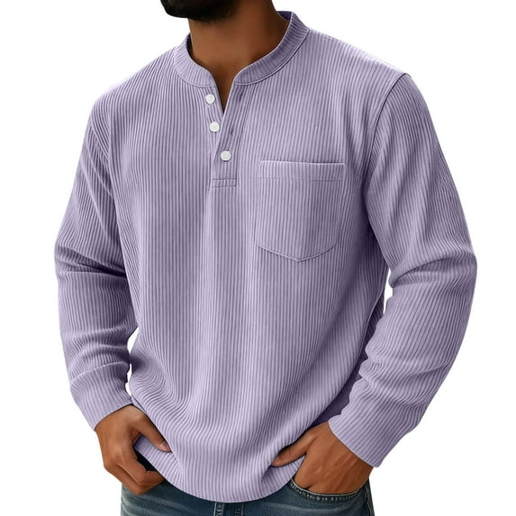 USNSM (S-5XL) Big and Tall Men's Corduroy Shirt Half Button Long Sleeve Solid Color Sweatshirt Casual Collared Pullover Top Purple L