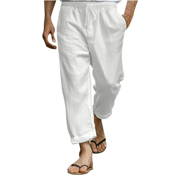 USNSM (S-5XL) Big and Tall Men's Cotton Linen Pants Elastic Waist Casual Solid Color Drawstring Straight Pants White XXL