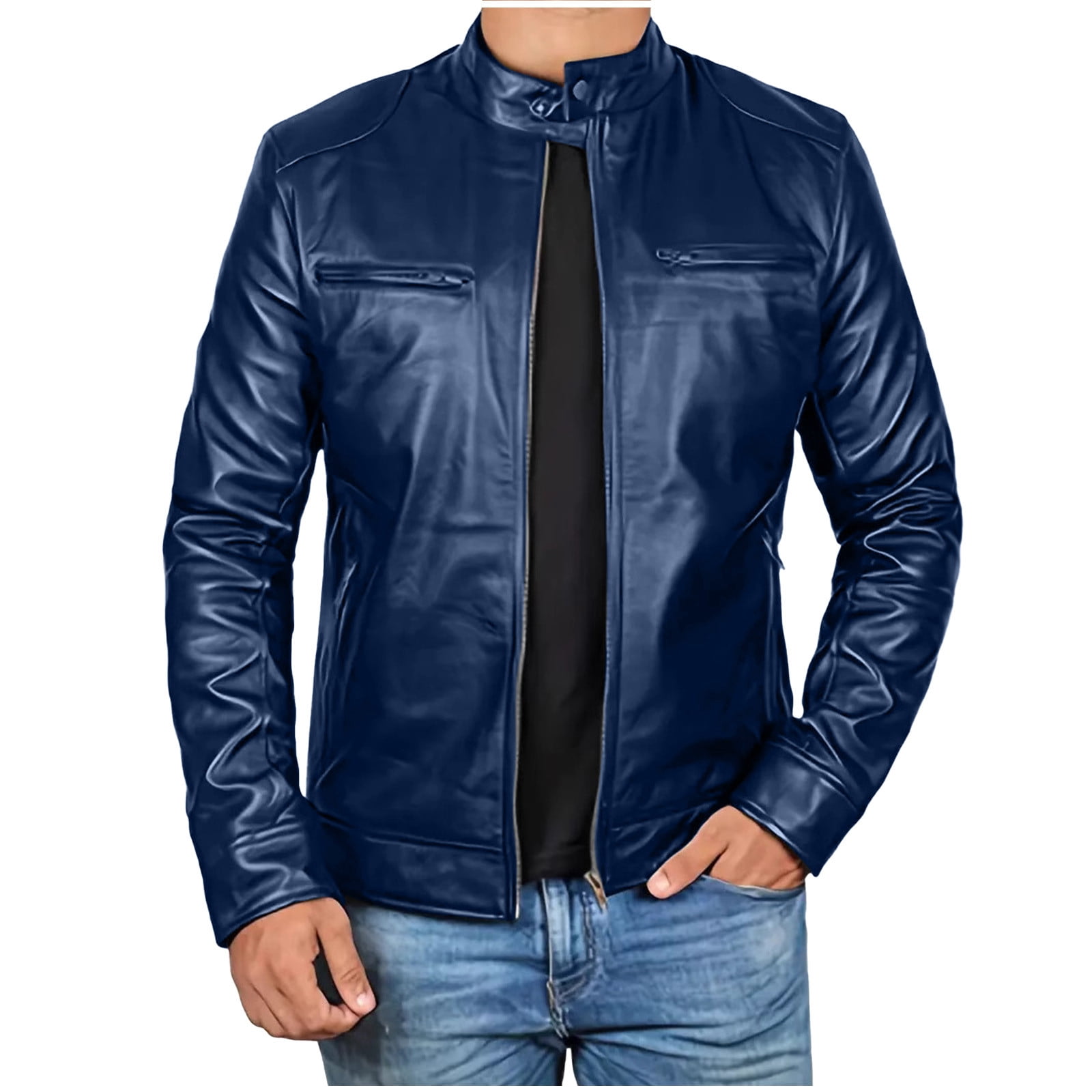 USNSM (S-5XL) Big and Tall Men's Faux Leather Jacket Stand Collar Motorcycle Leather Jackets Casual Lightweight Zip Up Biker Coat Blue XXL