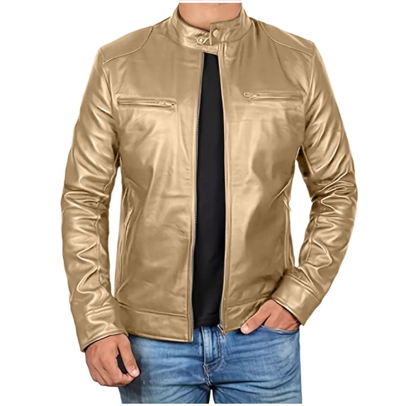 USNSM (S-5XL) Big and Tall Men's Faux Leather Jacket Stand Collar Motorcycle Leather Jackets Casual Lightweight Zip Up Biker Coat Gold XL