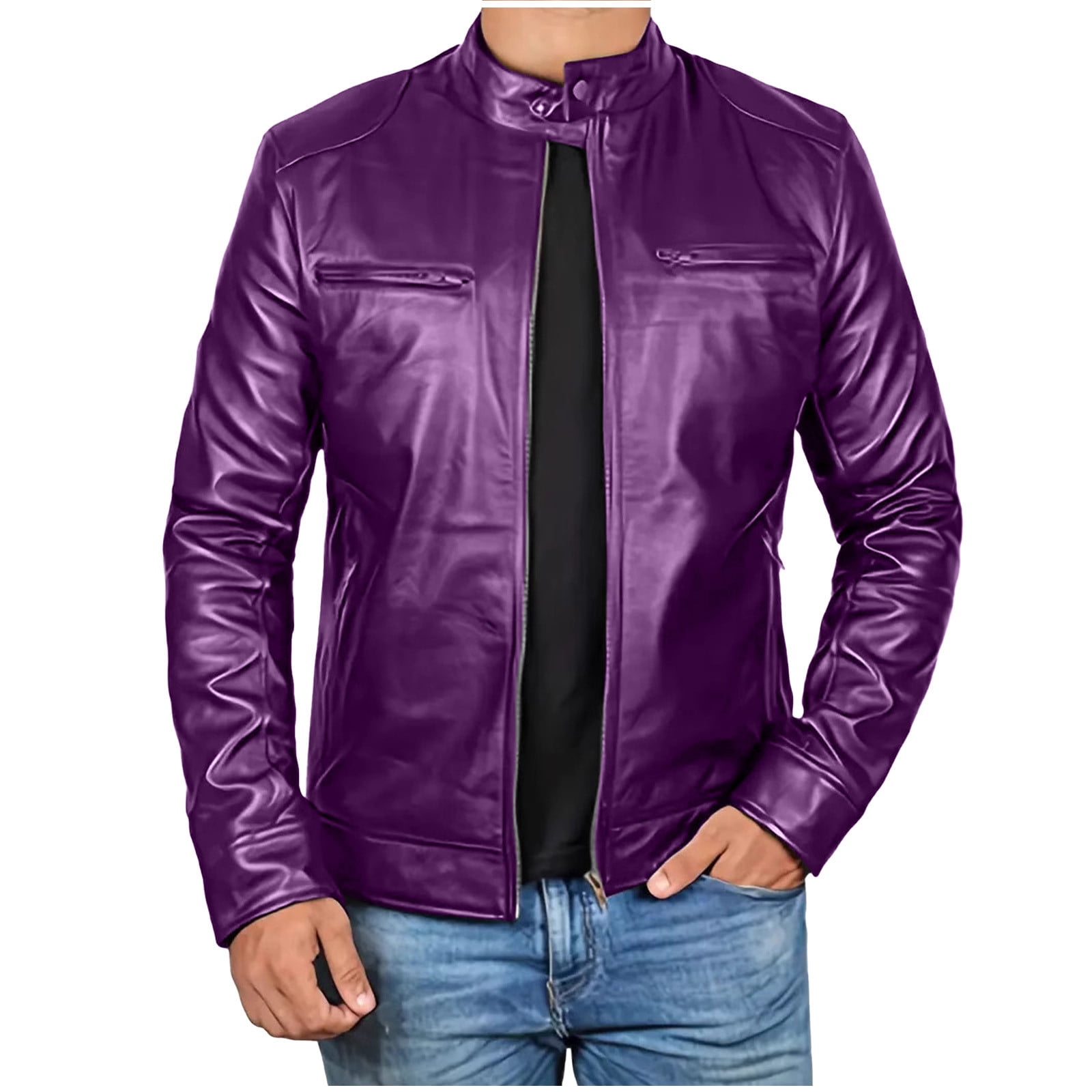 USNSM (S-5XL) Big and Tall Men's Faux Leather Jacket Stand Collar Motorcycle Leather Jackets Casual Lightweight Zip Up Biker Coat Purple XXXXL