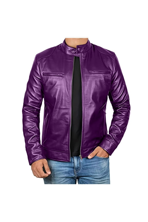 USNSM (S-5XL) Big and Tall Men's Faux Leather Jacket Stand Collar Motorcycle Leather Jackets Casual Lightweight Zip Up Biker Coat Purple XXXXXL