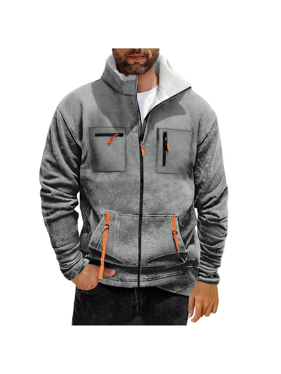 (S-5XL) Big and Tall Men's Vintage Casual Solid Color Long Sleeve Stand-Up Collar Zipper Pocket Fleece Lined Jacket Gray M