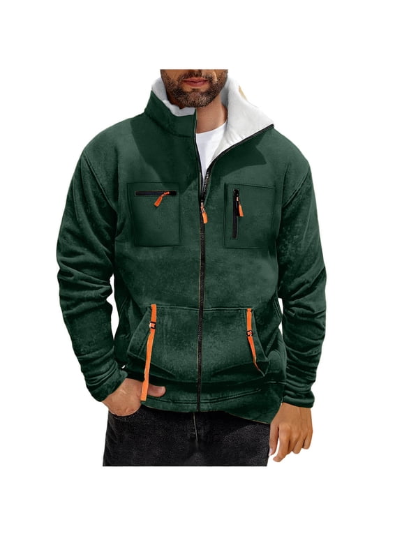 (S-5XL) Big and Tall Men's Vintage Casual Solid Color Long Sleeve Stand-Up Collar Zipper Pocket Fleece Lined Jacket Green M