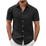 USNSM (S-5XL) Big and Tall Mens Dress Shirts Short Sleeve Lightweight Wrinkle Free Untucked Turndown Collar Button Down Shirt Black S