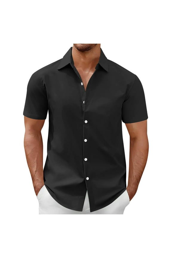(S-5XL) Big and Tall Mens Dress Shirts Short Sleeve Lightweight Wrinkle Free Untucked Turndown Collar Button Down Shirt Black XXXXXL