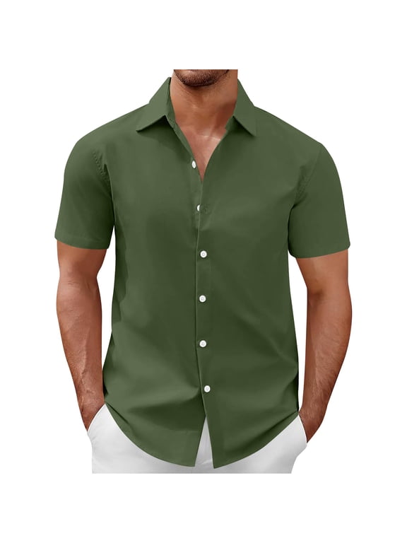 (S-5XL) Big and Tall Mens Dress Shirts Short Sleeve Lightweight Wrinkle Free Untucked Turndown Collar Button Down Shirt Green L