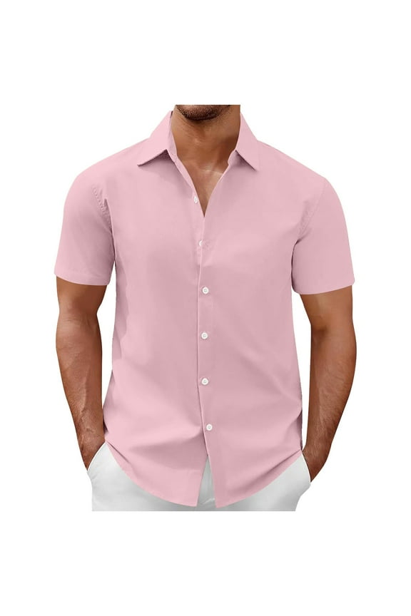 (S-5XL) Big and Tall Mens Dress Shirts Short Sleeve Lightweight Wrinkle Free Untucked Turndown Collar Button Down Shirt Pink XXXL