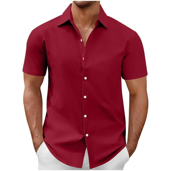 USNSM (S-5XL) Big and Tall Mens Dress Shirts Short Sleeve Lightweight Wrinkle Free Untucked Turndown Collar Button Down Shirt Red XXXL