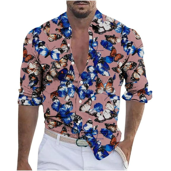 USNSM (S-5XL) Big and Tall Mens Floral Printed Shirts Long Sleeve Dress Shirts Classic Fit Casual Button Down Shirt Tops Pink XXL