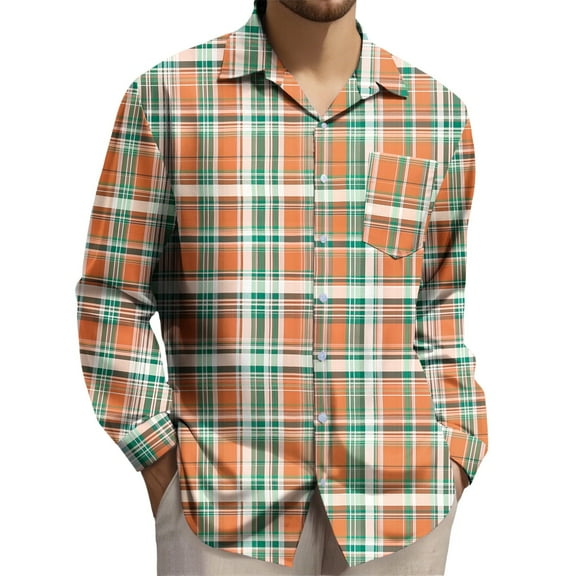 USNSM (S-5XL) Big and Tall Mens Plaid Button Down Shirts Classic Fit Business Casual Long Sleeved Lapel Shirt Top Multicolor L