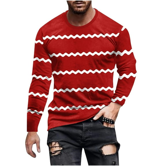 USNSM (S-5XL) Big and Tall Striped Long Sleeved T-Shirt for Men Spring Casual T-Shirt for Men Vintage Autumn Pullover Stripe Shirts Red XL
