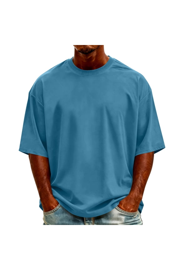 (S-5XL) Big and Tall Tshirts for Men Crewneck Short Sleeve Basic Loose Tees Casual Lightweight Plain Shirts Summer Beach Tops Blue XXXXL