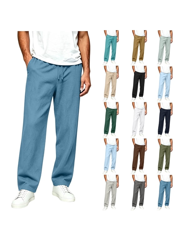 (S-5XL) Men's Big and Tall Casual Linen Pants Elastic Waist Drawstring Yoga Beach Pants Lightweight Loose Fit Trousers with Pockets Gold L