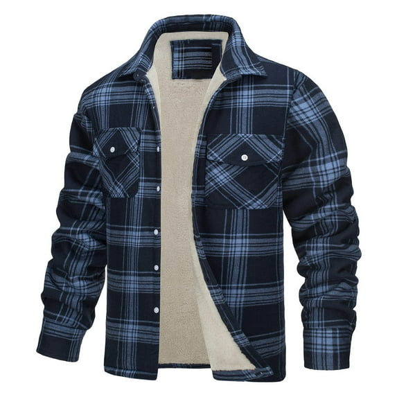 USNSM (S-5XL) Men's Big and Tall Jacket Fleece Lined Heavyweight Flannel Shirts Cotton Button Up Plaid Shirt Warm Winter Coat Blue XXL