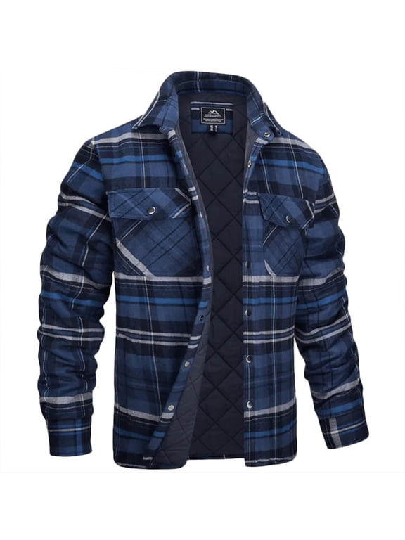 (S-5XL) Men's Big and Tall Jacket Fleece Lined Heavyweight Flannel Shirts Cotton Button Up Plaid Shirt Warm Winter Coat Blue XXXXXL