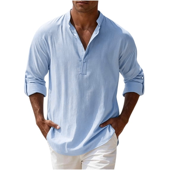 USNSM (S-5XL) Men's Big and Tall Shirts Long Sleeve Button Down Henley Shirts Cotton Linen Plus Size Band Collar Solid Color Beach Shirt Blue S
