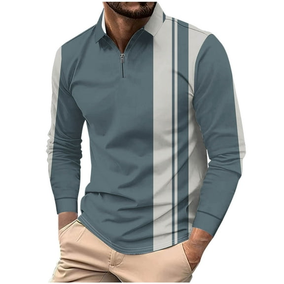 USNSM (S-5XL) Men's Big and Tall Striped Shirts Casual Long Sleeve Color Block Lapel Half Zipper Pullover T Shirt Top Gray XXXL