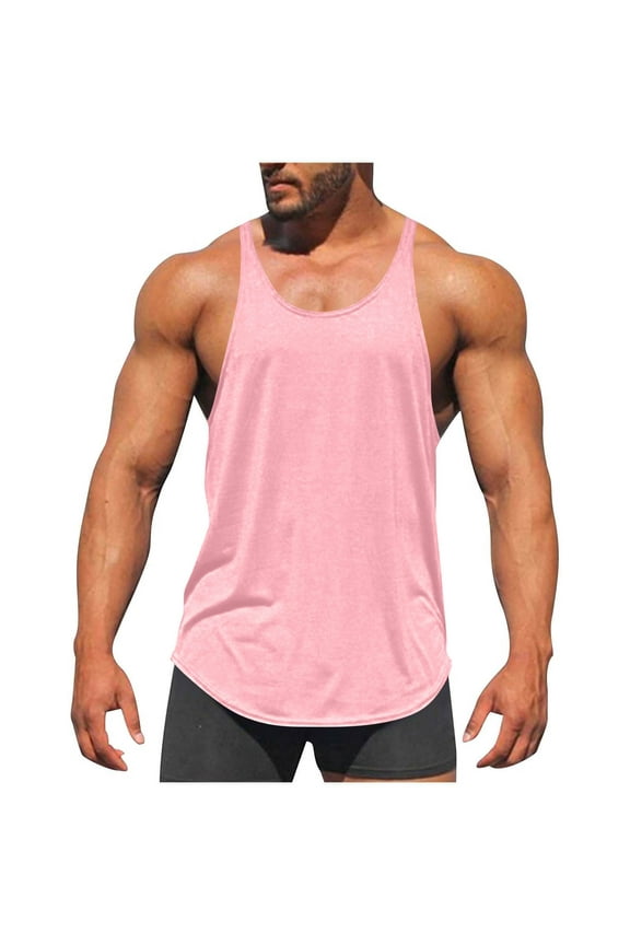 (S-5XL) Men's Plus Size Cotton Workout Tank Tops Quick Dry Gym Bodybuilding Training Fitness Sleeveless Muscle T Shirts Pink S