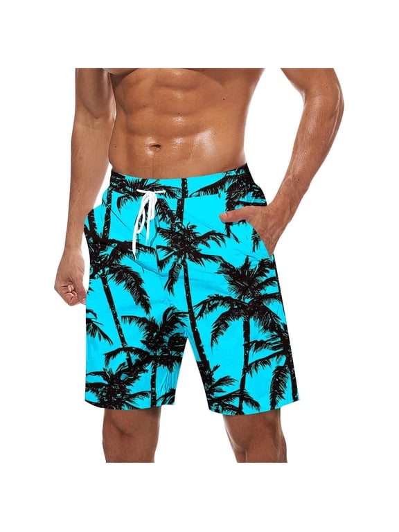 (S-5XL) Mens Big and Tall Swim Trunks Quick Dry Swimming Shorts Vacation Beach Board Shorts Printed Swimwear Bathing Suits Blue XXXXL