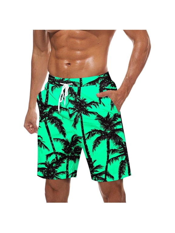 (S-5XL) Mens Big and Tall Swim Trunks Quick Dry Swimming Shorts Vacation Beach Board Shorts Printed Swimwear Bathing Suits Green L