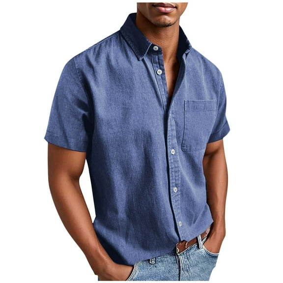 USNSM (S-5XL) Mens Cotton Linen Short Sleeve Shirts Vintage Casual Lightweight Button Down Shirts Vacation Beach Summer Tops with Pocket Blue S