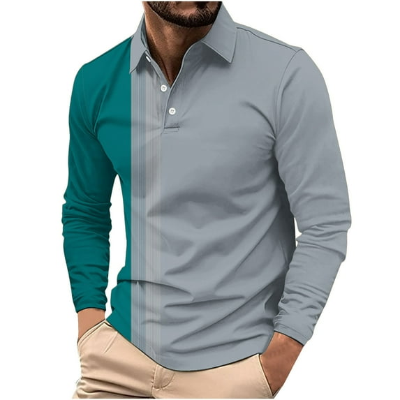 USNSM (S-5XL) Plus Size Long Sleeved Shirt for Men Spring Casual Turndown Collar Shirts for Men Color Block Autumn Pullover Shirt Tops Green XL