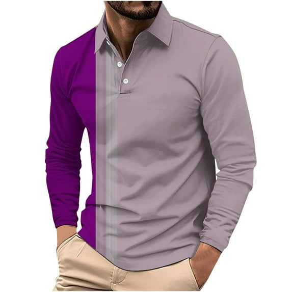 USNSM (S-5XL) Plus Size Long Sleeved Shirt for Men Spring Casual Turndown Collar Shirts for Men Color Block Autumn Pullover Shirt Tops Purple XXXXXL