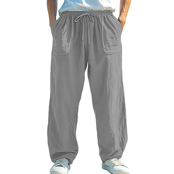 USNSM (S-5XL) Plus Size Men's Casual Solid Color Beach Everyday Pants Pocket Breathable Elastic Waist Drawstring Trousers Gray XXXXXL