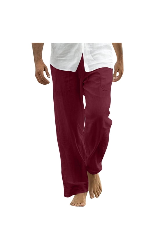 (S-5XL) Plus Size Mens Casual Pants Elastic Waist Drawstring Cotton Linen Pants Yoga Beach Summer Lightweight Trousers Red M