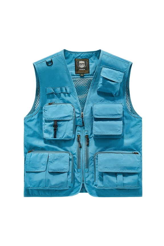 (S-5XL) Plus Size Mens Vest Lightweight Vest Multi-Pocket Multifunctional Zipper V-neck Tank Top Travel Work Vest Jacket Blue XXXXL