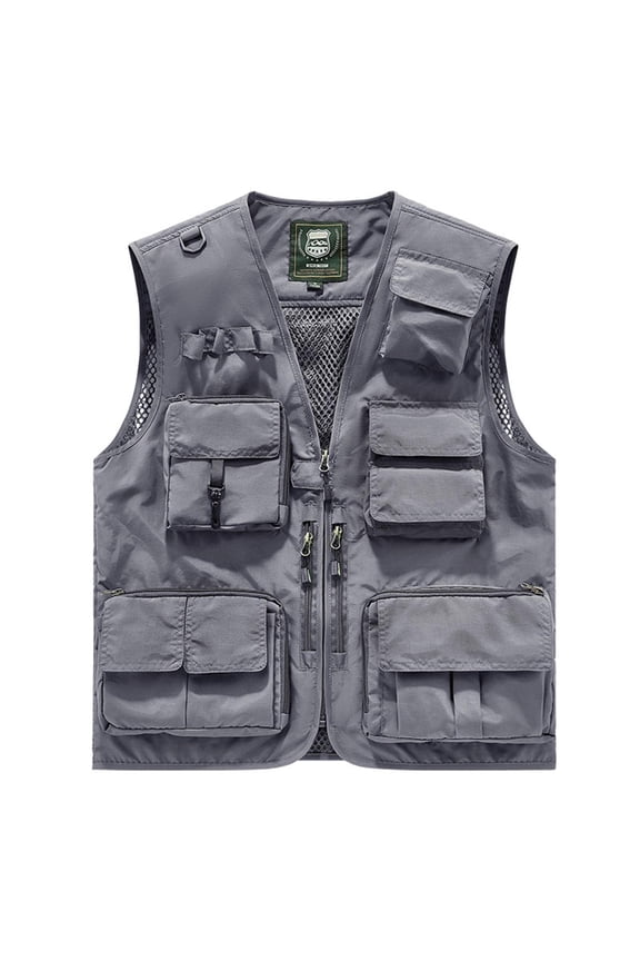 (S-5XL) Plus Size Mens Vest Lightweight Vest Multi-Pocket Multifunctional Zipper V-neck Tank Top Travel Work Vest Jacket Gray XXXXL
