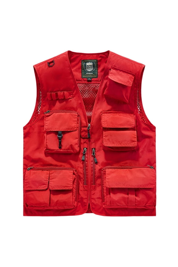 (S-5XL) Plus Size Mens Vest Lightweight Vest Multi-Pocket Multifunctional Zipper V-neck Tank Top Travel Work Vest Jacket Red S
