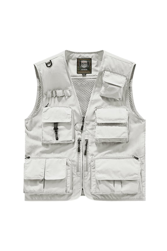 (S-5XL) Plus Size Mens Vest Lightweight Vest Multi-Pocket Multifunctional Zipper V-neck Tank Top Travel Work Vest Jacket White XXXL