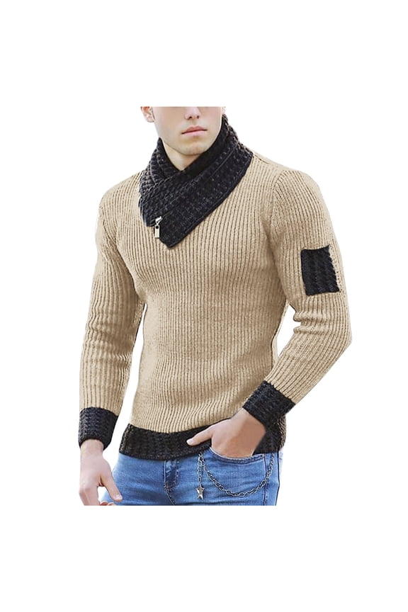 Scarf Collar Knitted Sweater for Men Long Sleeve Rib-knit Pullover Slim Fit Comfort Jumper Tops Turtleneck Sweaters Yellow M