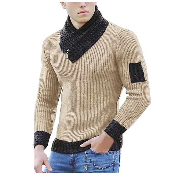 USNSM Scarf Collar Knitted Sweater for Men Long Sleeve Rib-knit Pullover Slim Fit Comfort Jumper Tops Turtleneck Sweaters Yellow XXXL